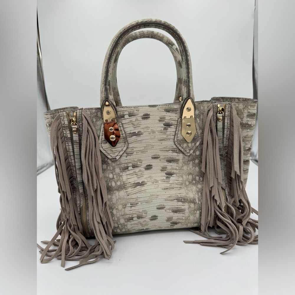 HENRI BENDEL A-List Lizard Embossed Expandable Fringe Gold Hardware Satchel